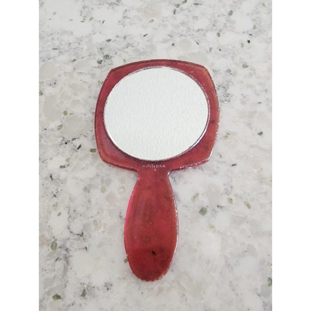 Vintage‎ 60s 70s Hand Mirror Art Deco Floral Red Lucite Made in USA